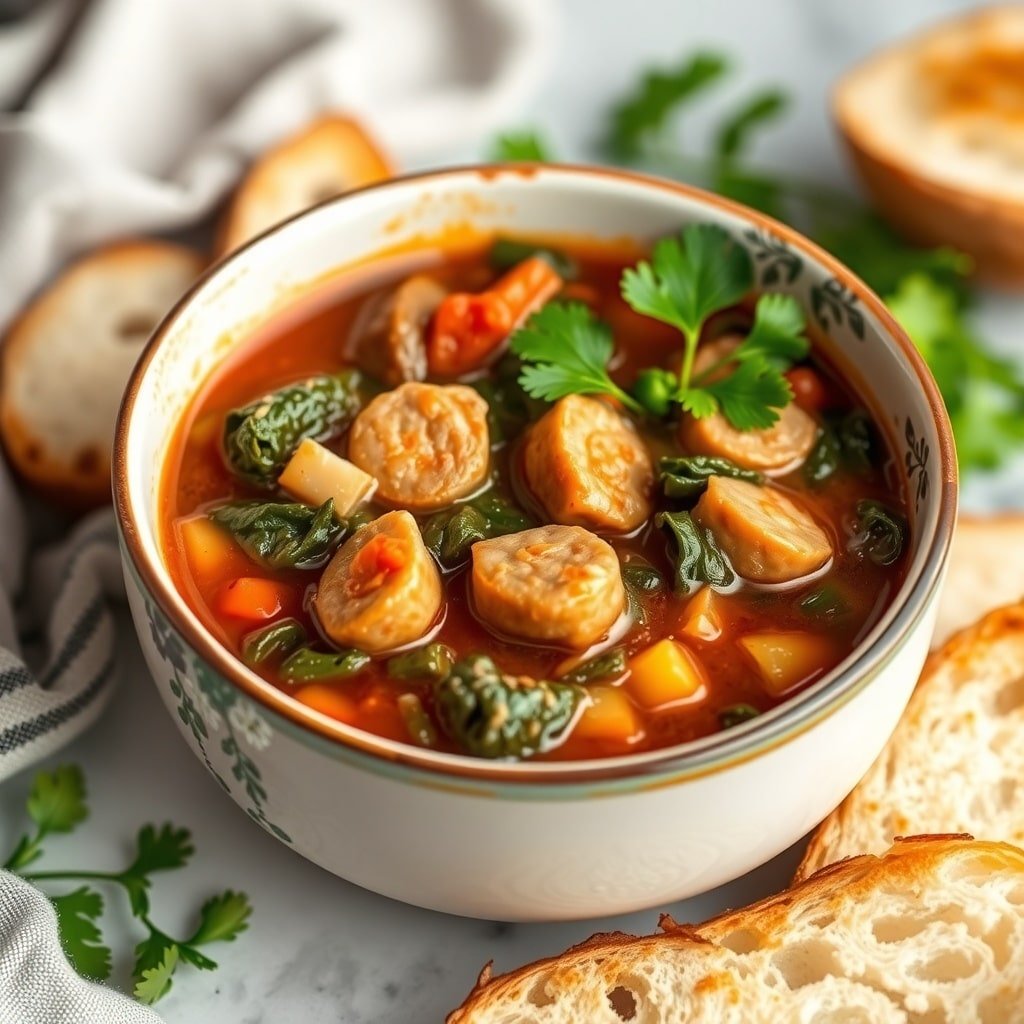 A bowl of sausage and kale soup with bread on the side