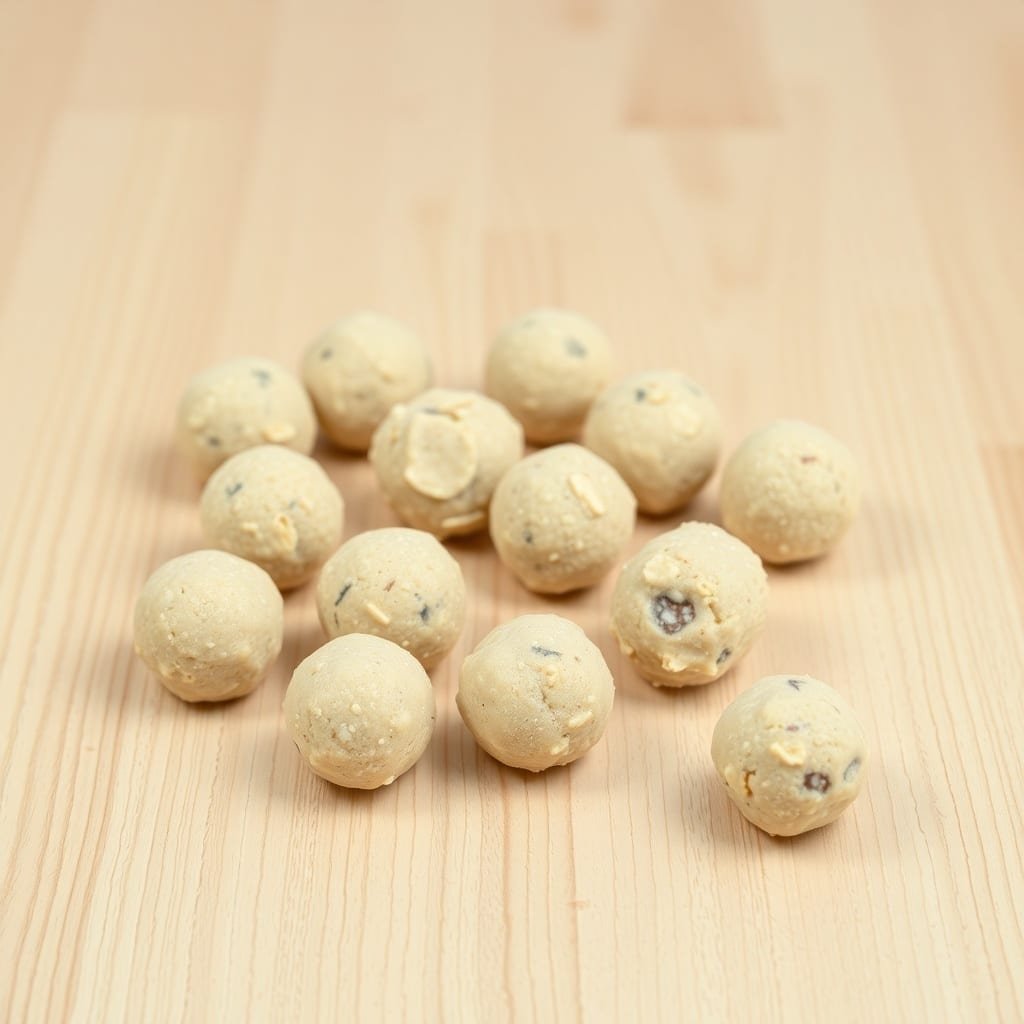 A collection of vanilla almond protein balls on a wooden surface.
