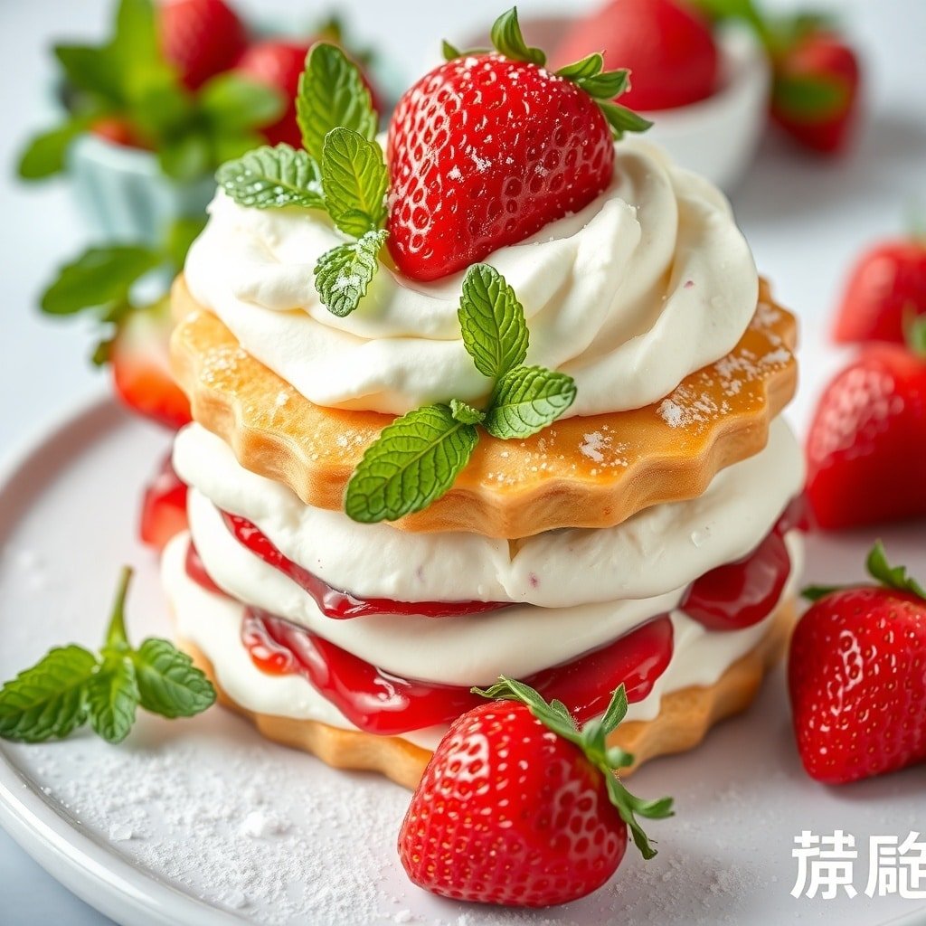 A delicious strawberry shortcake layered with whipped cream and fresh strawberries, garnished with mint leaves.