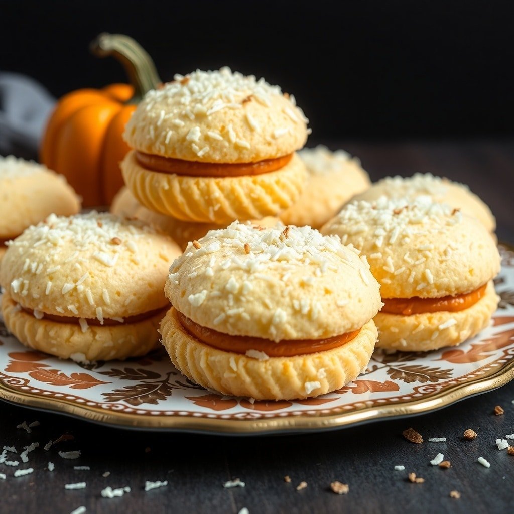 Coconut macaroons with pumpkin filling on a decorative plate, showcasing a fall-themed dessert.