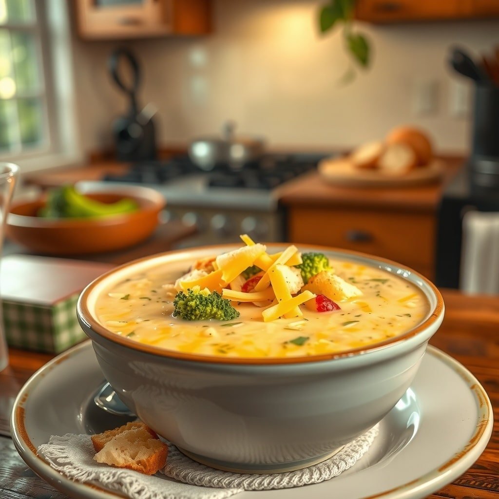 A bowl of creamy broccoli cheddar soup topped with cheese and broccoli, served with bread on the side.