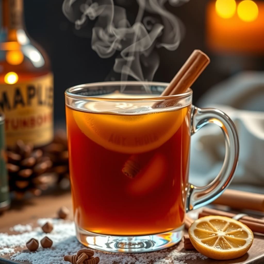 A steaming Maple Bourbon Hot Toddy in a glass mug, garnished with a lemon slice and cinnamon stick, with a bottle of maple bourbon in the background.