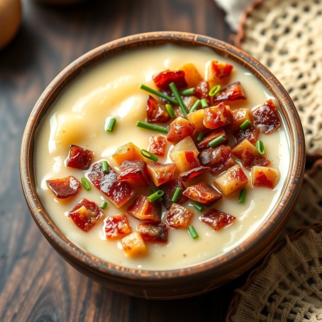 A bowl of creamy potato leek soup topped with crispy bits and chives.