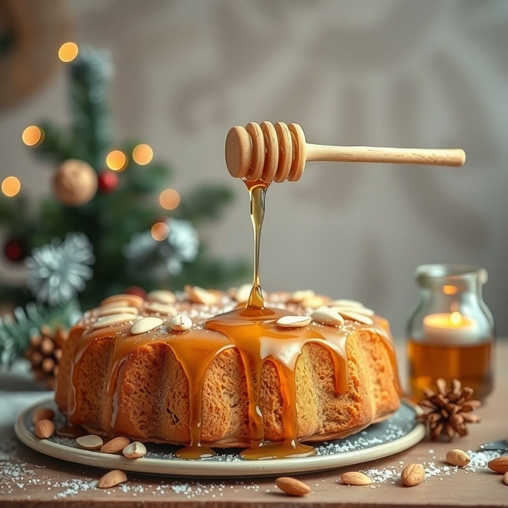 A beautifully decorated Honey Almond Cake with honey drizzling on top, surrounded by festive decorations.