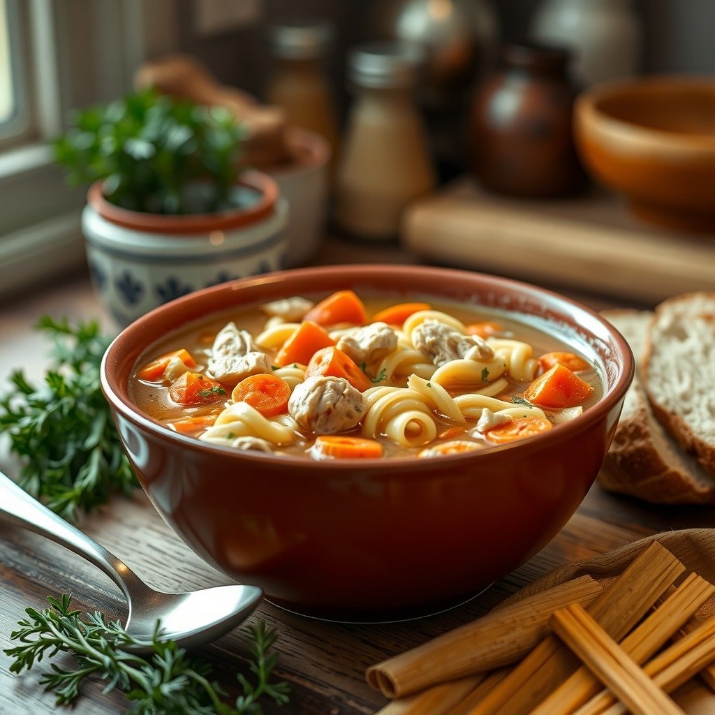 A warm bowl of chicken noodle soup with carrots, noodles, and herbs, set on a wooden table. Winter Soups