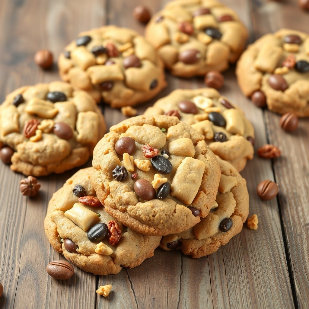 A close-up of Harvest Trail Mix Cookies with nuts and chocolate on a wooden surface.