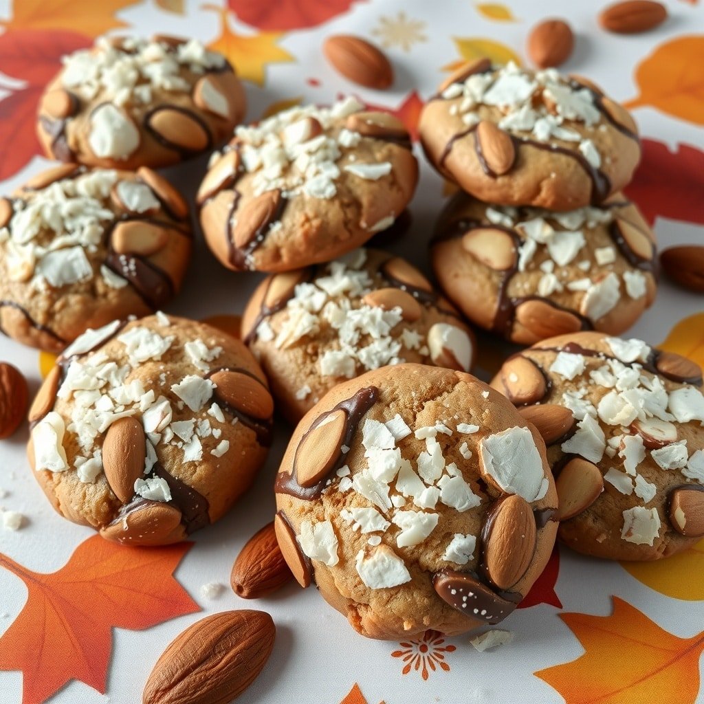 A plate of Almond Joy Cookies topped with almonds and chocolate, surrounded by fall leaves.