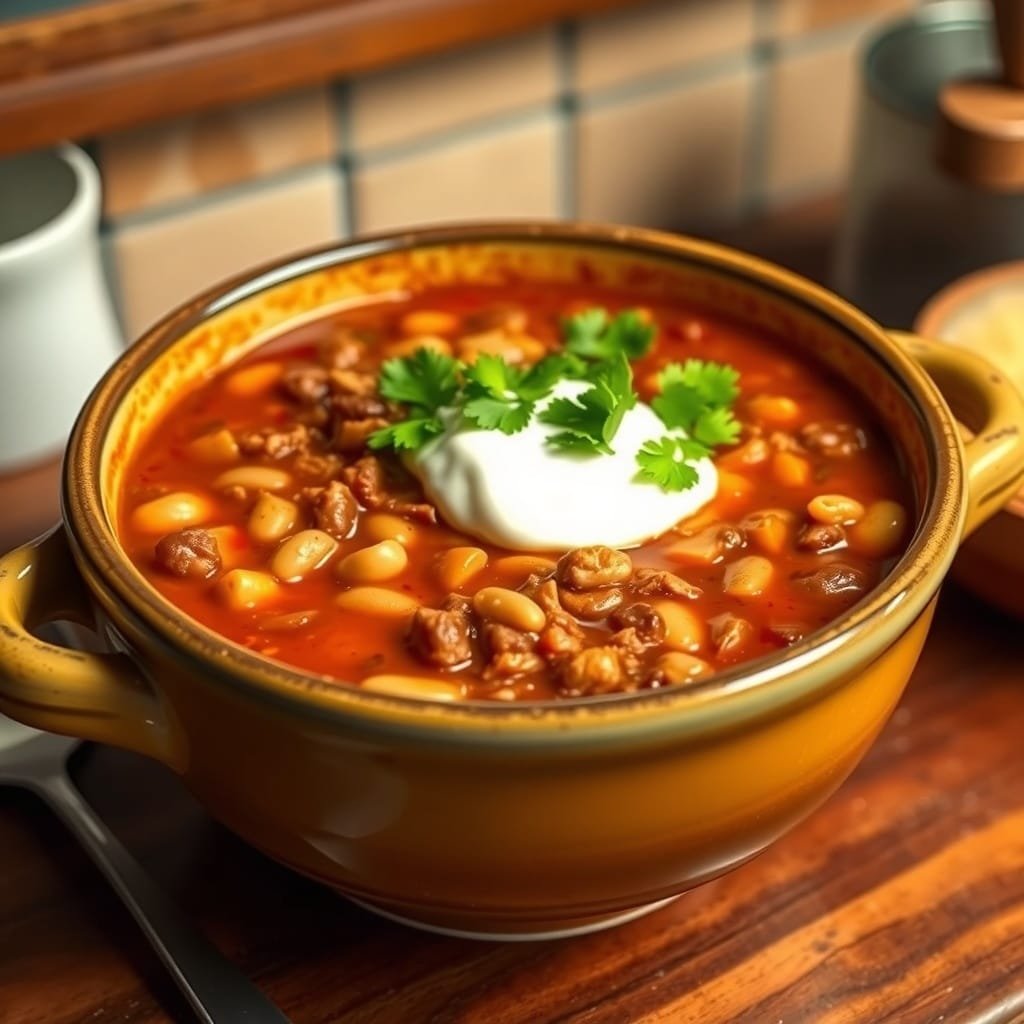 A bowl of Chili Con Carne Soup topped with sour cream and cilantro.