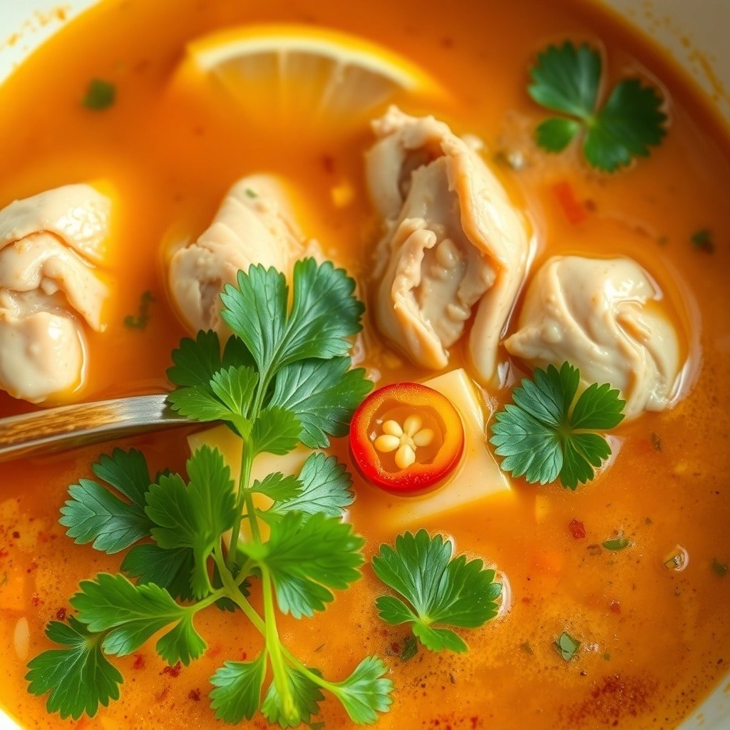 A bowl of Thai Chicken Soup with chicken, herbs, and spices