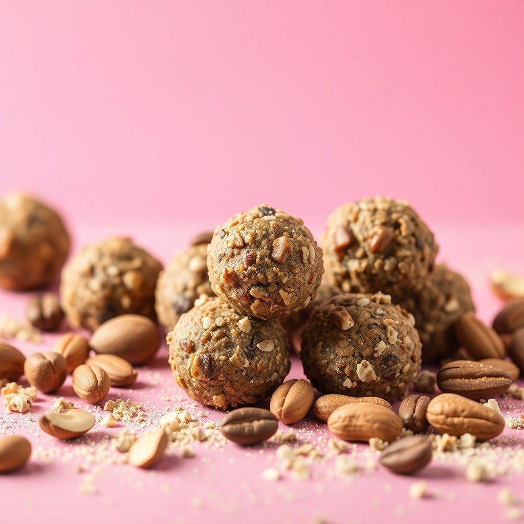 Nutty energy protein balls with nuts and seeds on a pink background