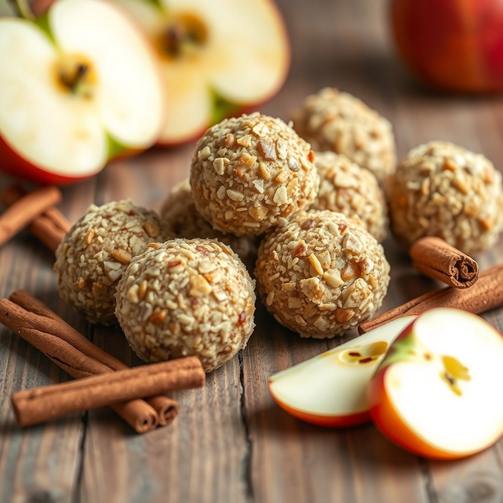 A close-up of apple cinnamon protein balls on a wooden surface, surrounded by cinnamon sticks and sliced apples.