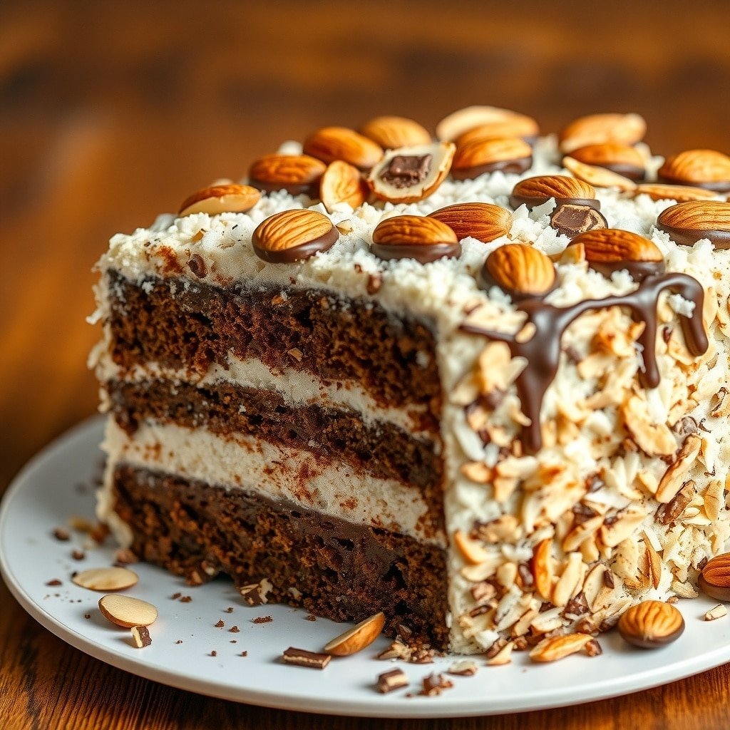 A beautifully layered Almond Joy Cake topped with almonds and coconut.