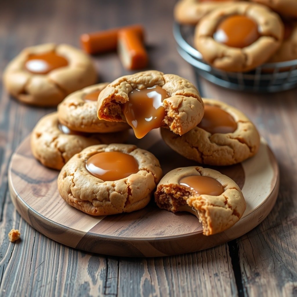 A plate of chewy caramel cookies with gooey caramel centers, perfect for fall.
