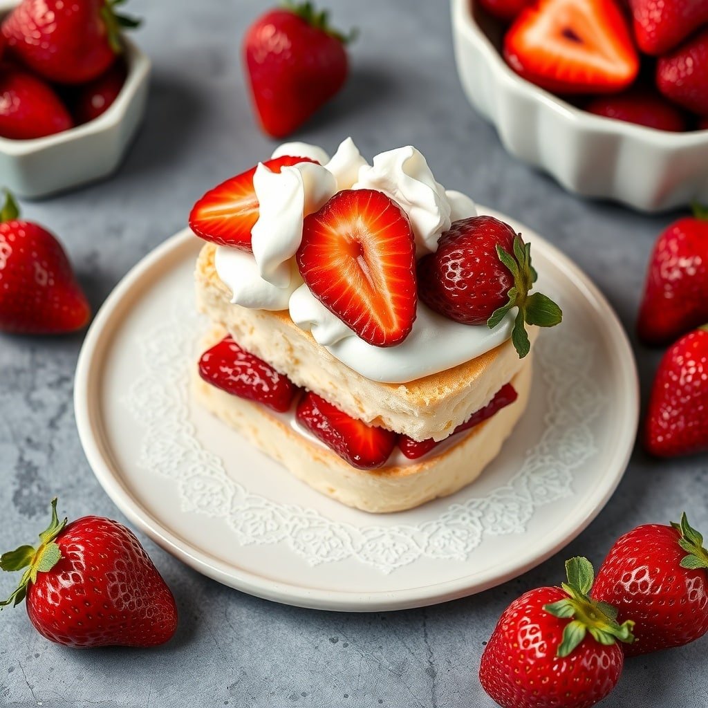 A slice of strawberry shortcake made with angel food cake, topped with strawberries and whipped cream. Strawberry Shortcake