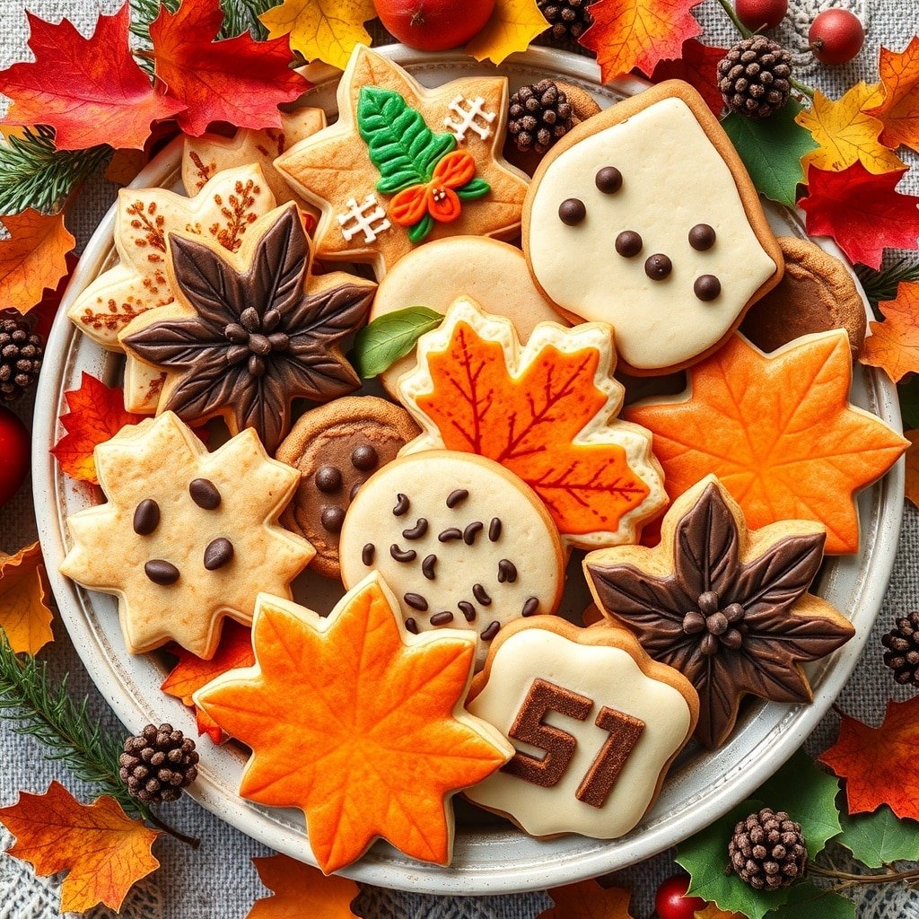 A plate of beautifully decorated autumn harvest cookies shaped like leaves and pumpkins, surrounded by colorful fall leaves.