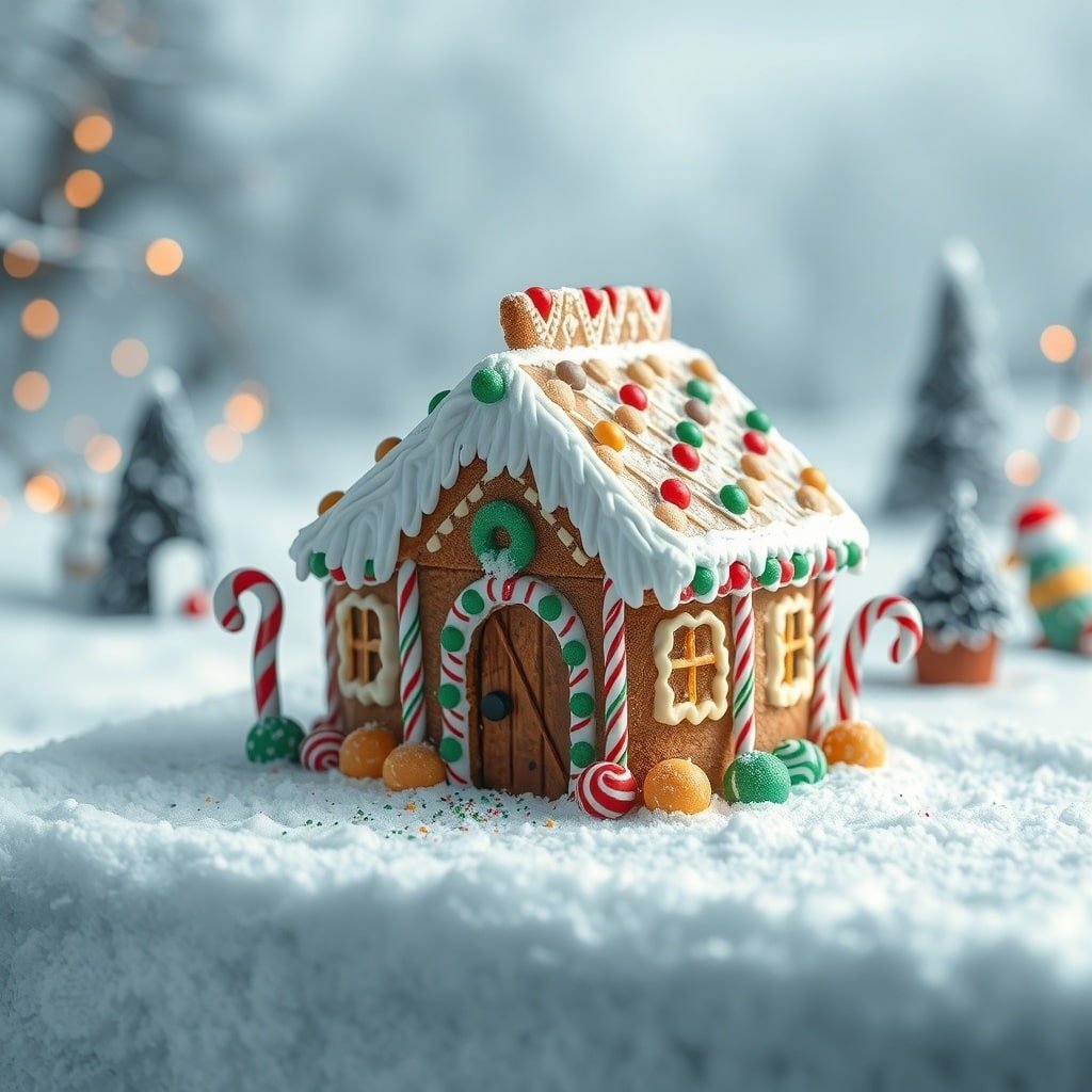 A beautifully decorated gingerbread house cake with colorful candies and icing.