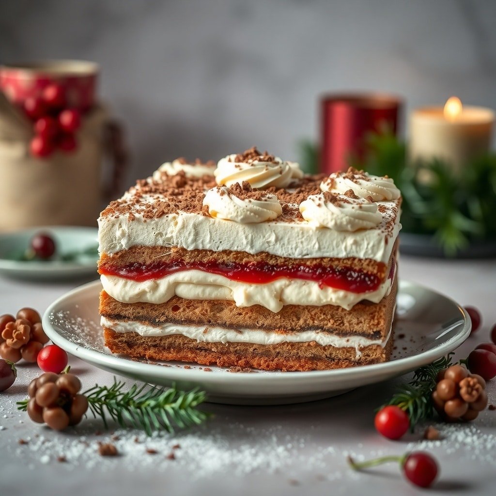 A beautifully layered Tiramisu Christmas Cake with creamy mascarpone and cocoa powder on top, surrounded by festive decorations.