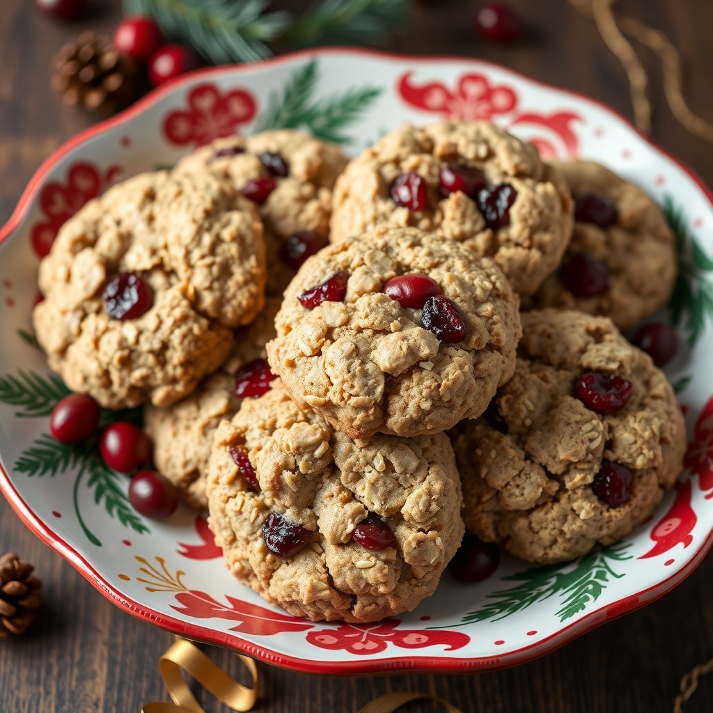 30 Delectable Christmas Cookie Recipes to Try This Holiday Season A plate of cranberry orange oatmeal cookies, decorated for Christmas.