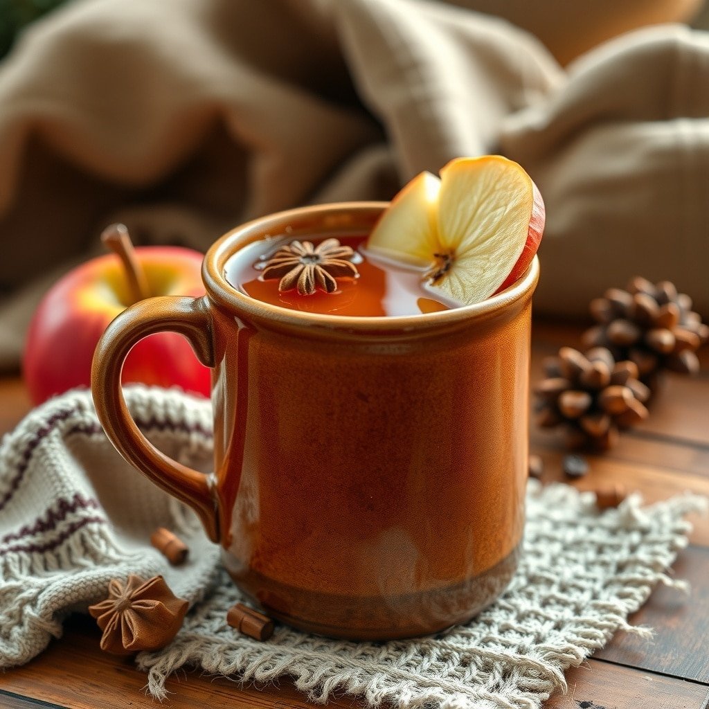 A warm spiked apple cider in a rustic mug, garnished with apple slices and star anise, surrounded by pinecones and a cozy setting.