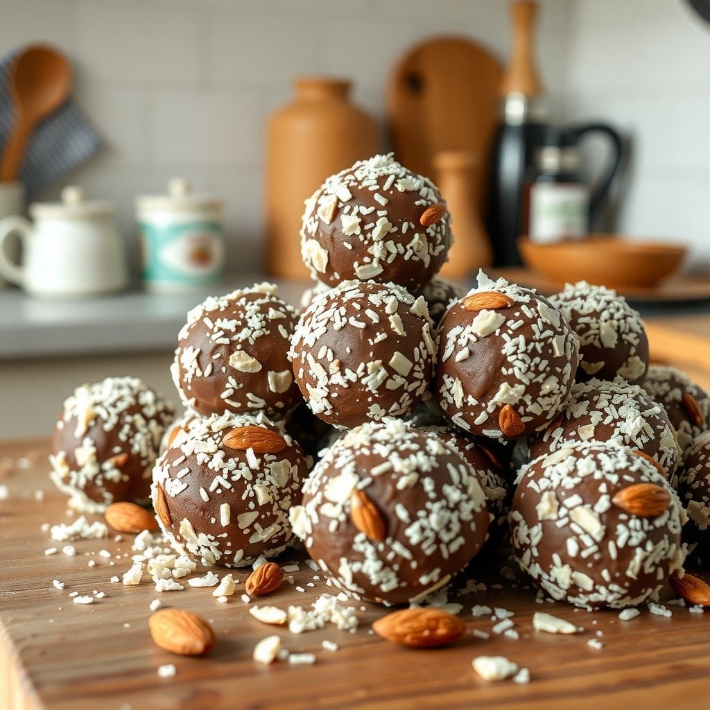 A stack of Almond Joy Protein Balls topped with shredded coconut and almonds.