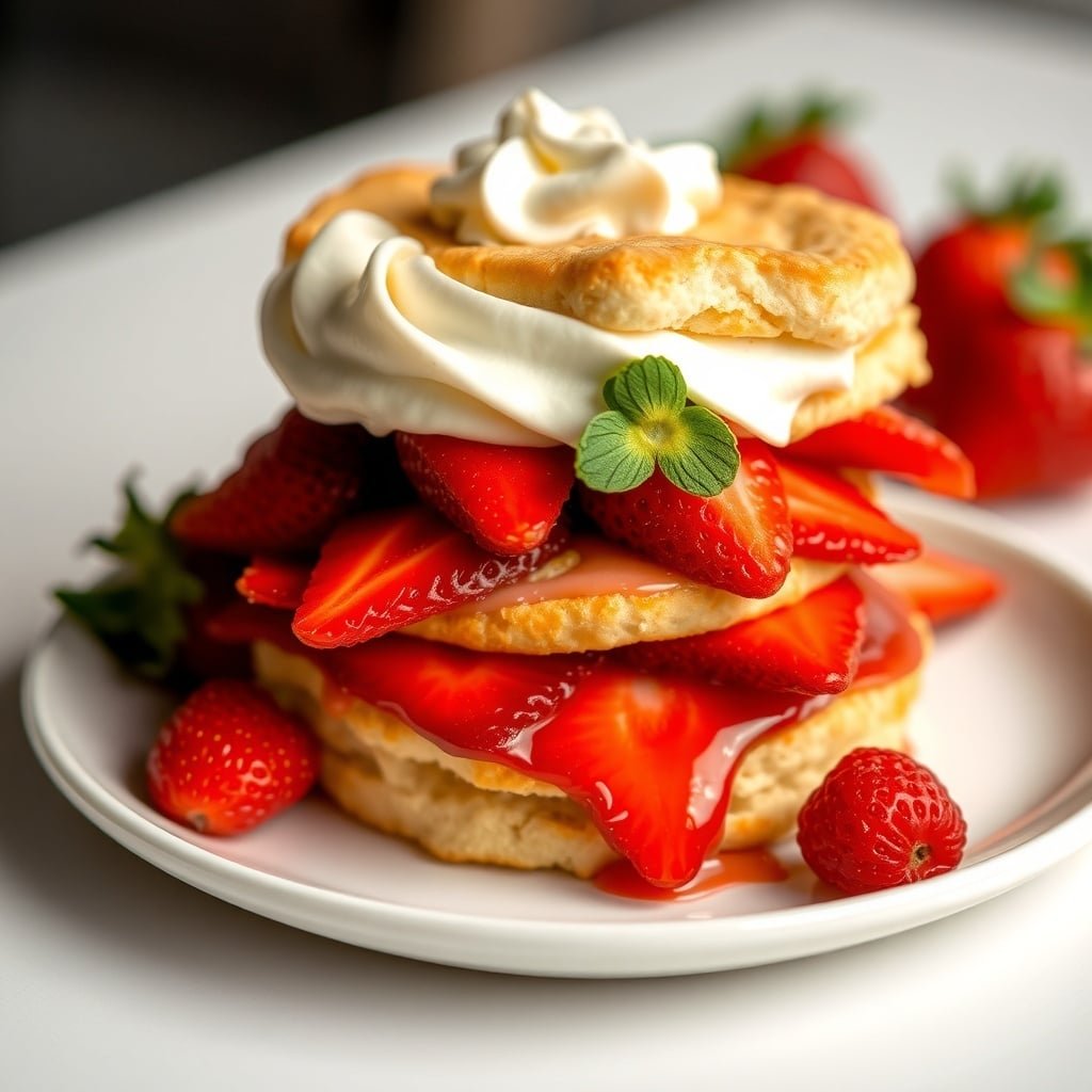 A delicious strawberry shortcake with layers of strawberries and whipped cream.