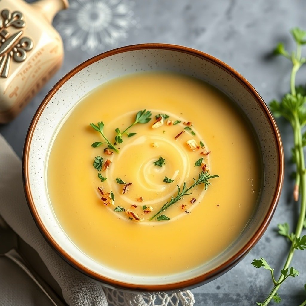 A bowl of creamy celery root soup garnished with herbs and red pepper flakes.