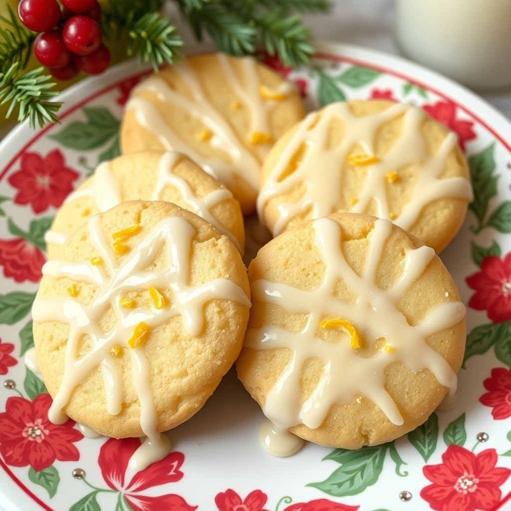 30 Delectable Christmas Cookie Recipes to Try This Holiday Season A plate of lemon zest cookies with sugar glaze, decorated with lemon zest and surrounded by festive greenery.