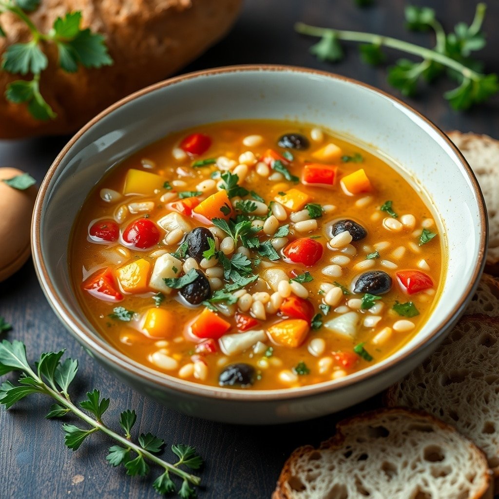 A bowl of colorful vegetable barley soup with fresh herbs and crusty bread on the side.