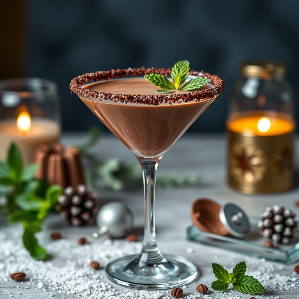 A Chocolate Mint Martini garnished with mint leaves and chocolate sprinkles, surrounded by festive decorations.