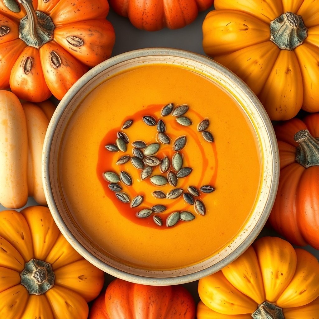 A bowl of spicy butternut squash soup surrounded by pumpkins
