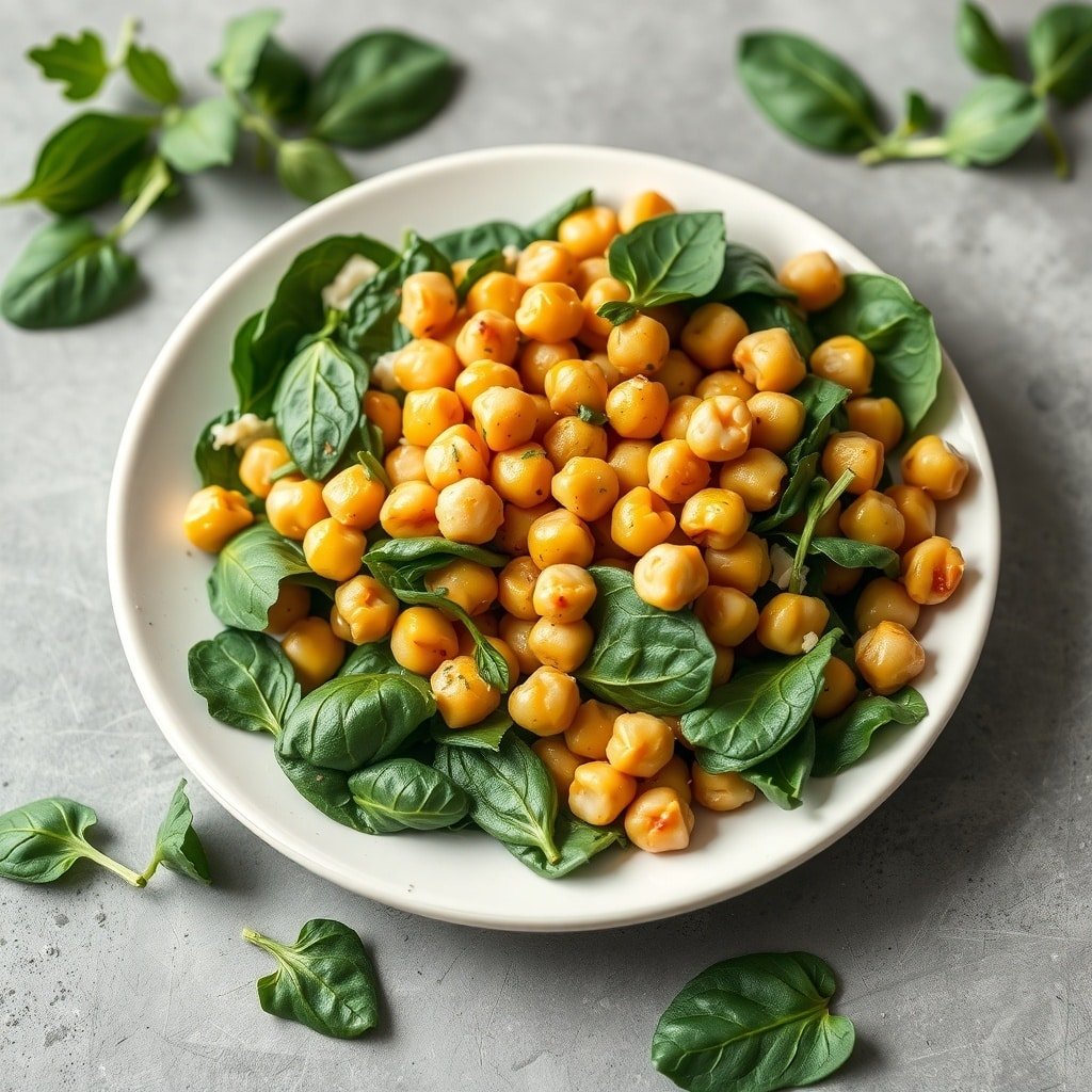 Chickpea and spinach salad on a plate