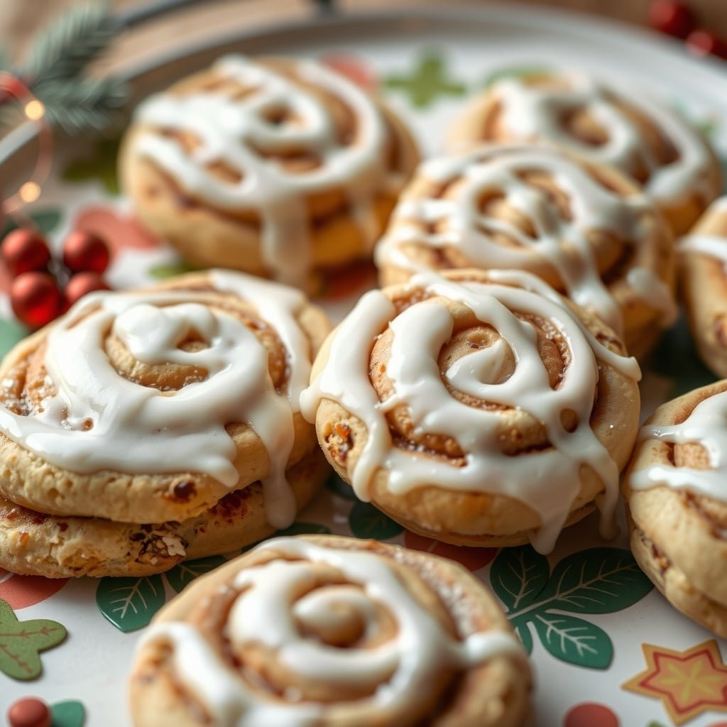 A plate of cinnamon roll cookies drizzled with icing, surrounded by festive decorations.