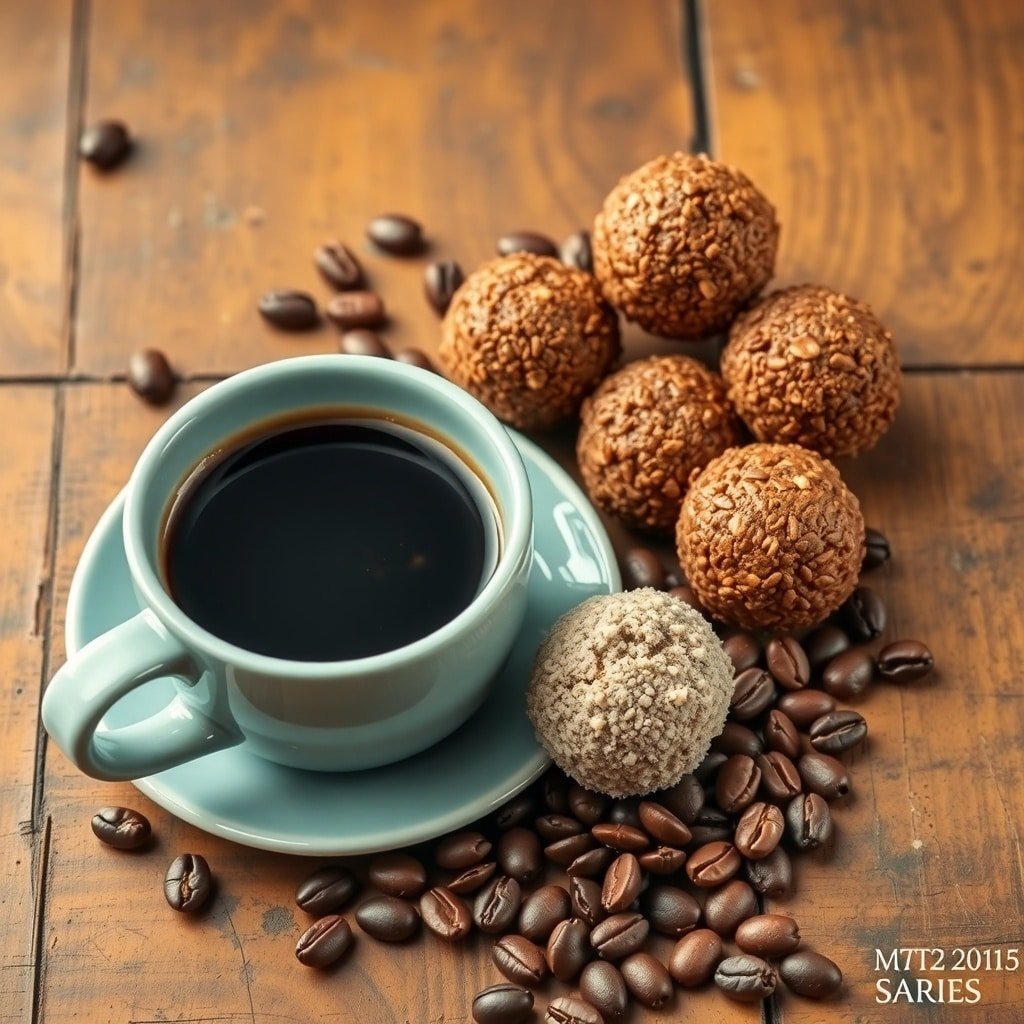 A cup of black coffee next to a variety of coffee protein balls on a wooden table with coffee beans scattered around.