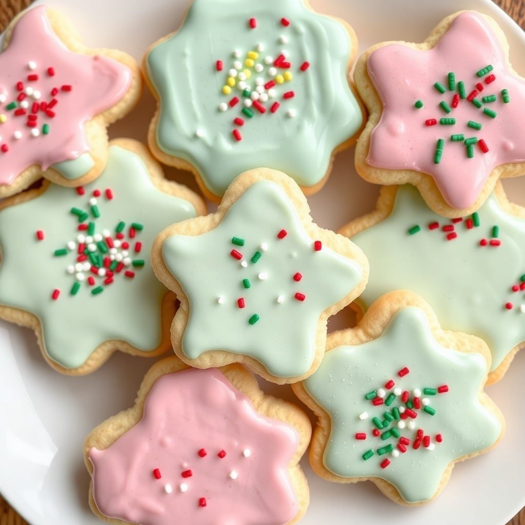 Colorful iced sugar cookies shaped like flowers, decorated with sprinkles. Christmas Cookie