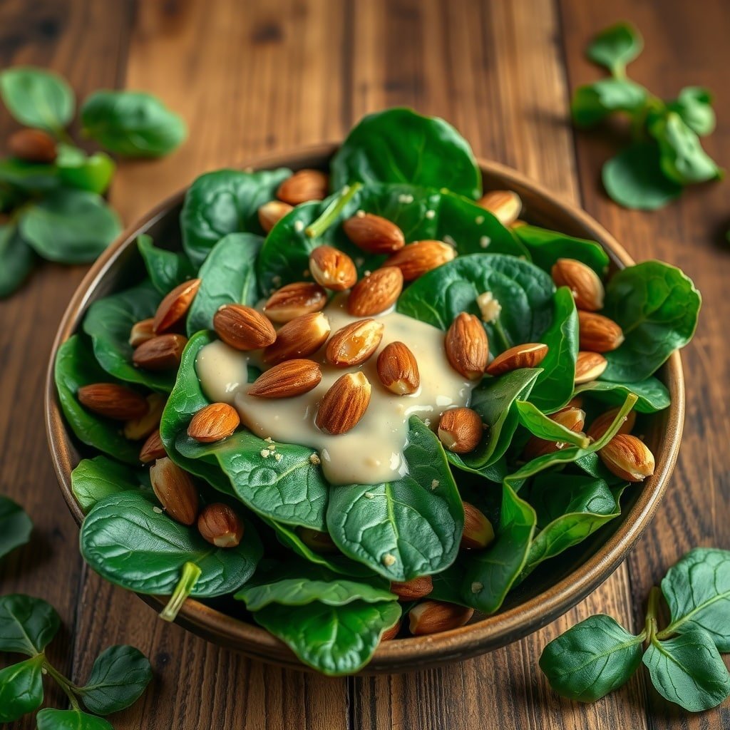 A bowl of spinach and roasted almond salad with creamy dressing