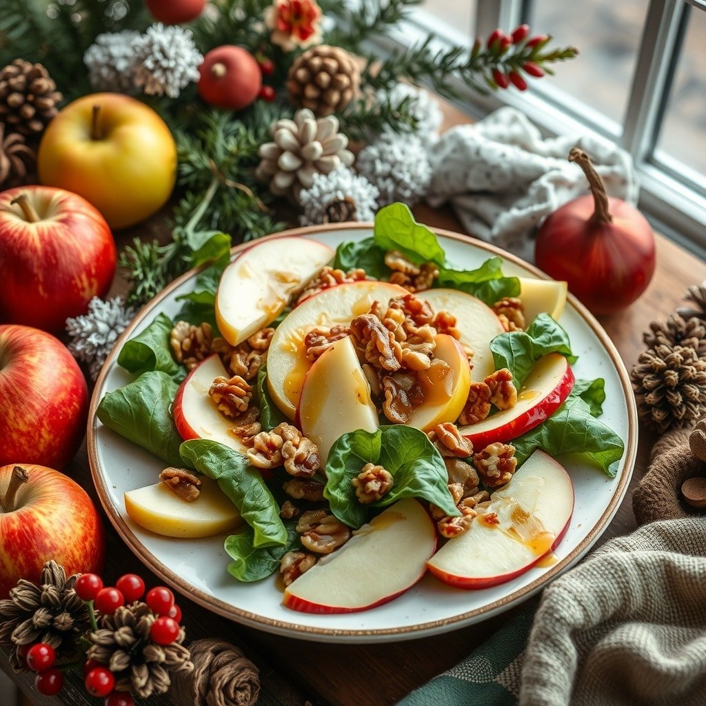 A vibrant winter salad featuring apples, walnuts, and spinach, surrounded by festive decorations.