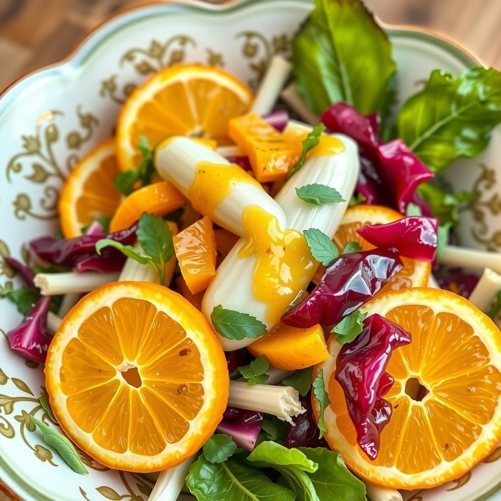A colorful endive and orange salad with vibrant greens and slices of orange.