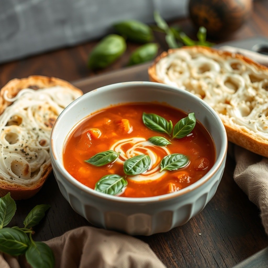 A bowl of savory tomato and basil soup with fresh basil leaves and a swirl of cream, accompanied by crusty bread.
