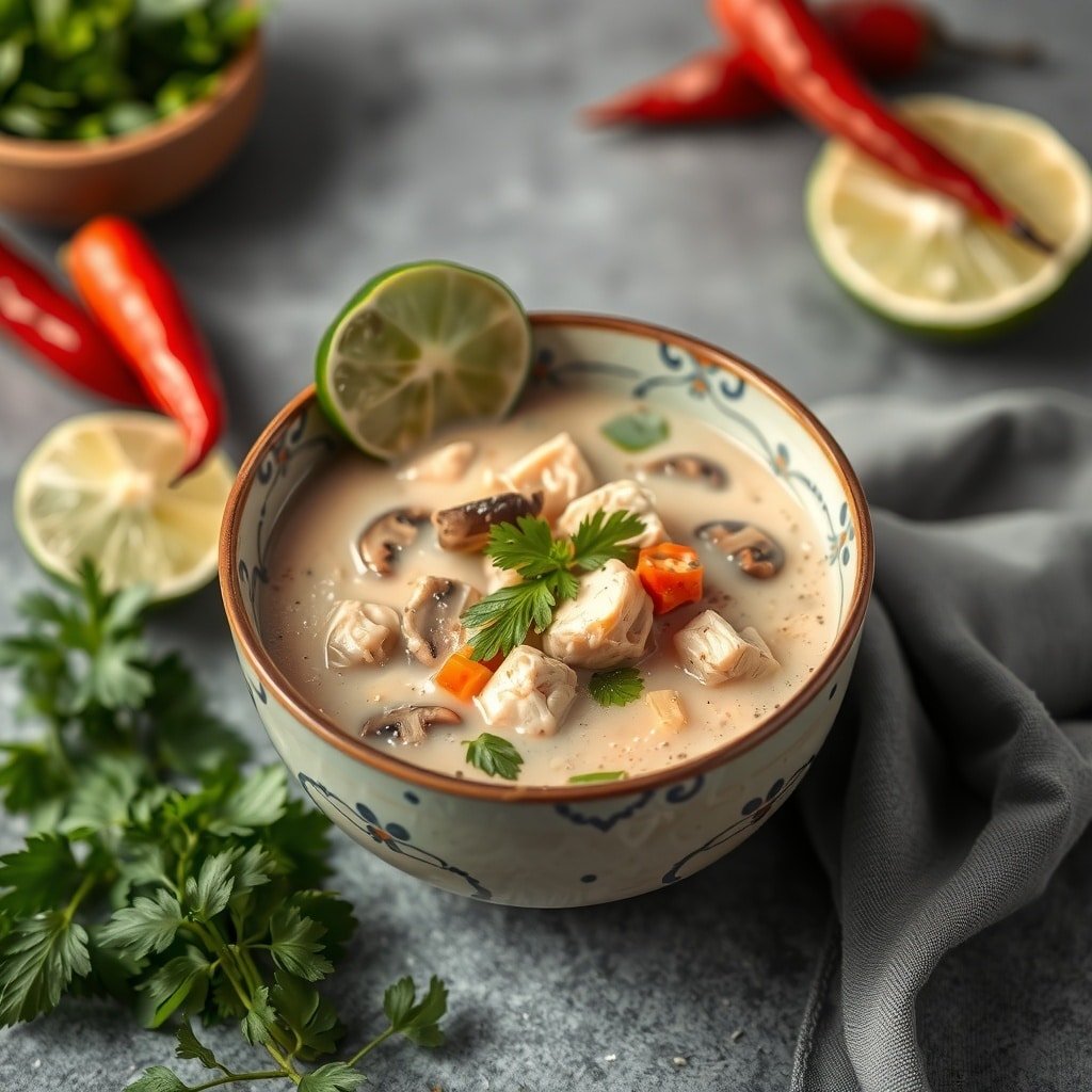 A bowl of Tom Kha Gai soup with chicken, mushrooms, and lime, garnished with cilantro.