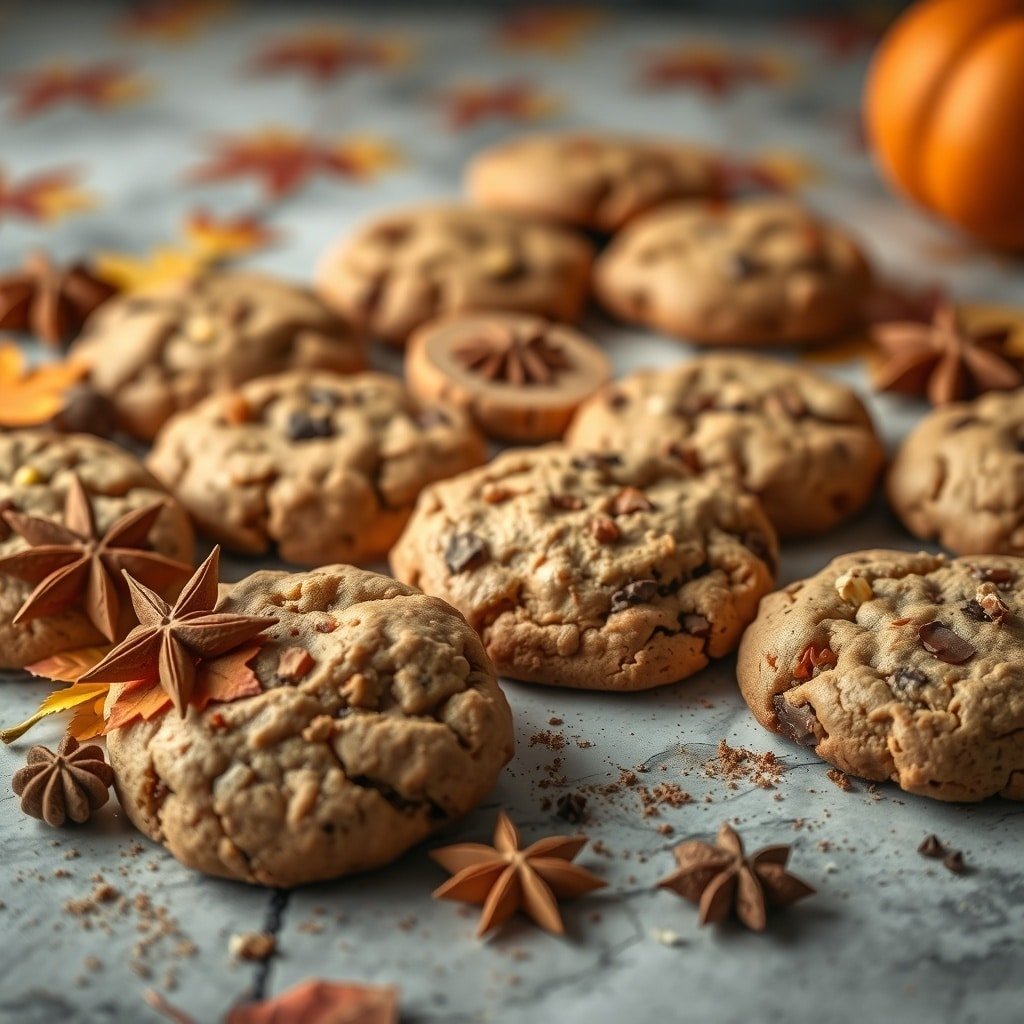 A collection of autumn spice cookies surrounded by colorful leaves and warm spices.