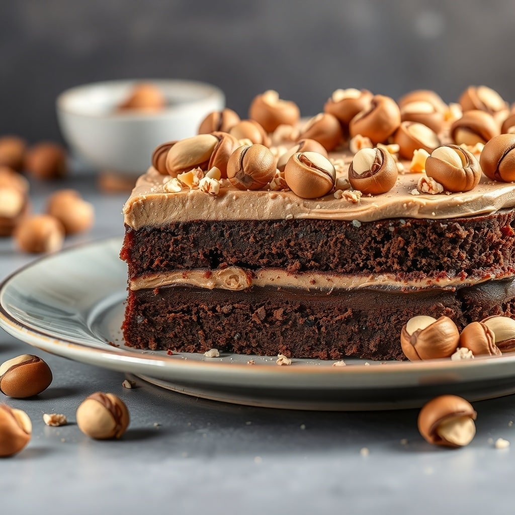 A slice of chocolate hazelnut cake topped with hazelnuts on a plate.