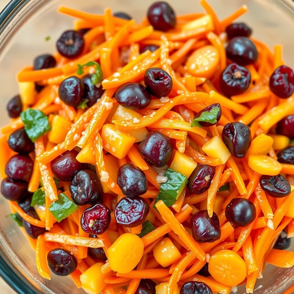 A colorful carrot and raisin salad with shredded carrots, raisins, and chopped pineapple.