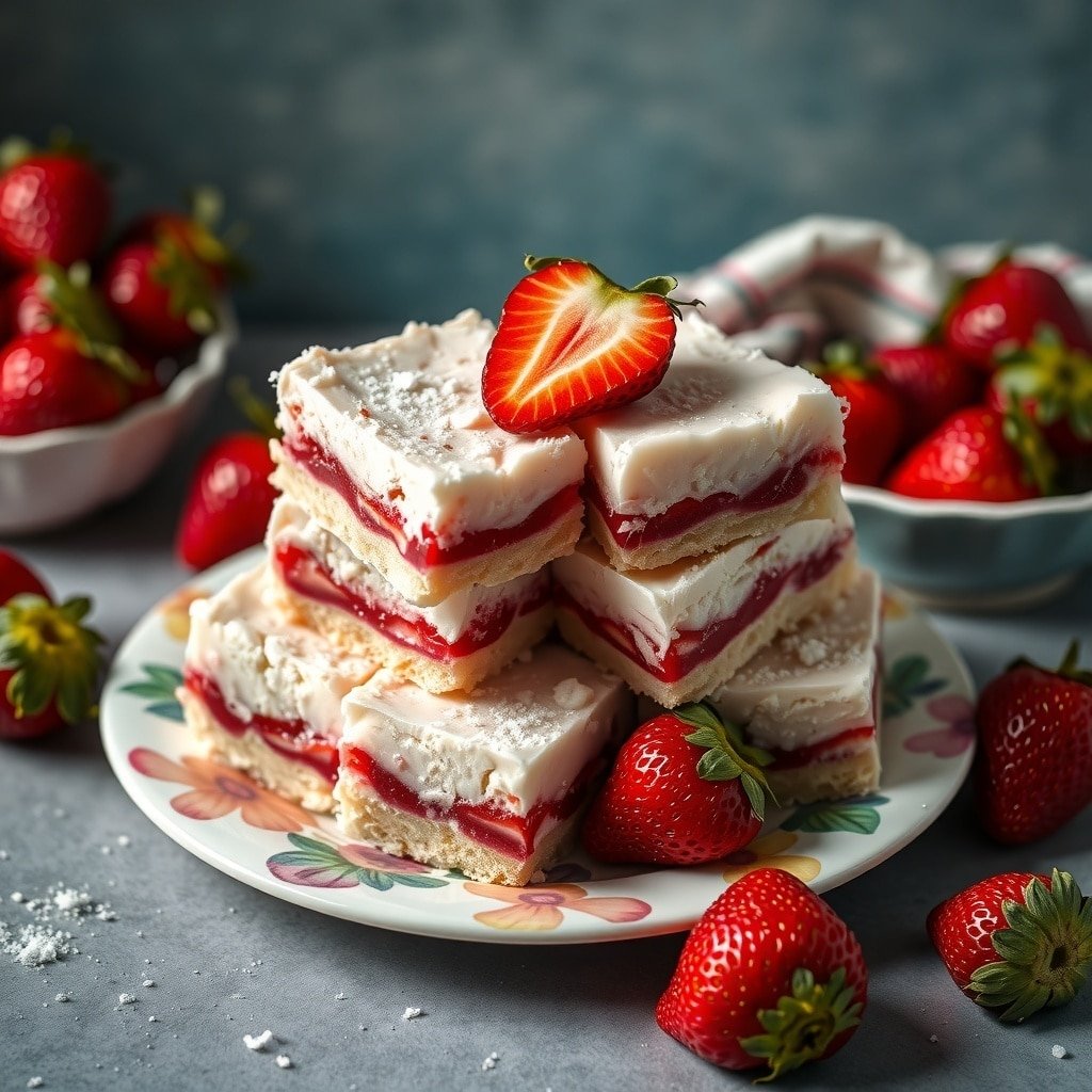 Frozen strawberry shortcake bars stacked on a plate with fresh strawberries around them.