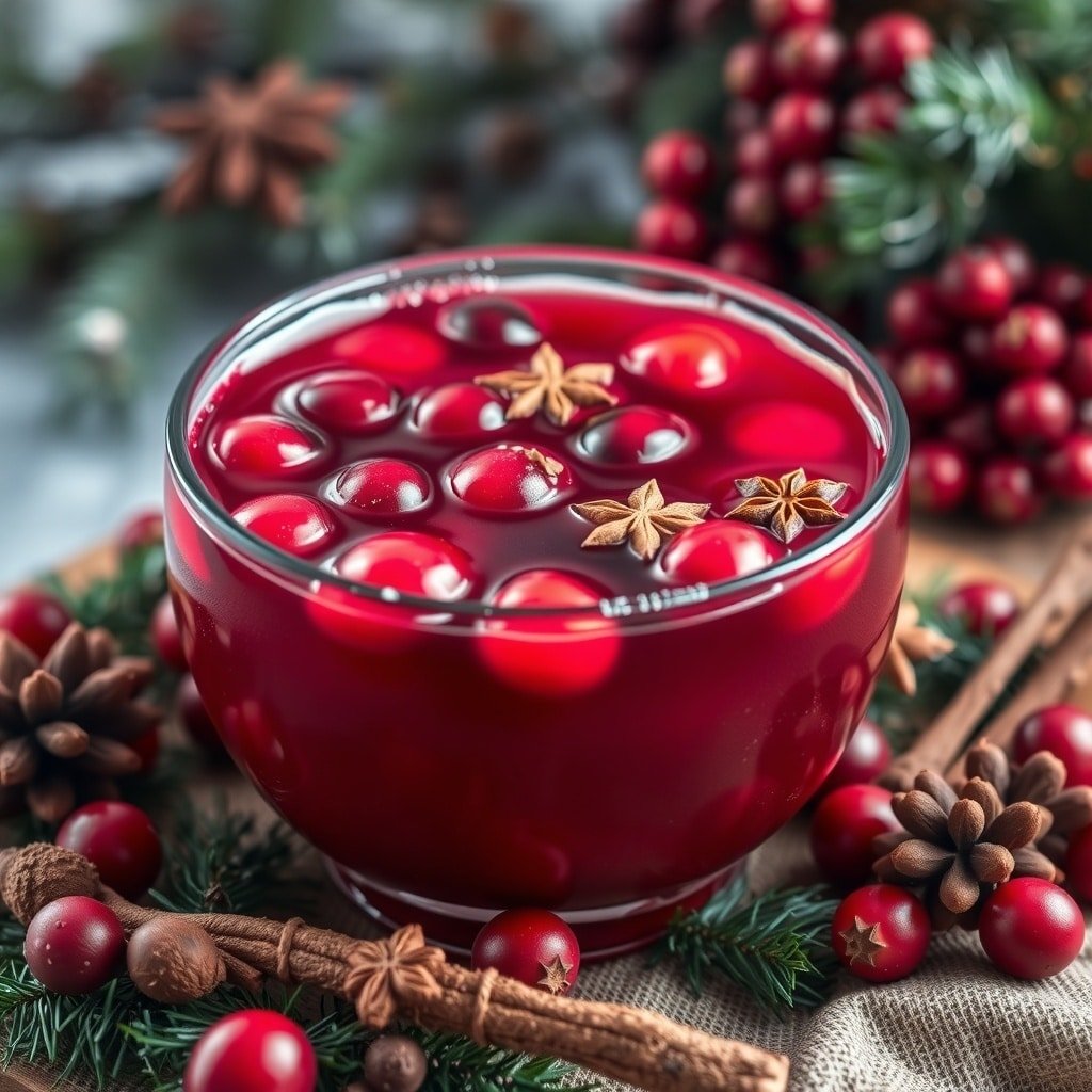 A bowl of spiced rum and cranberry punch with cranberries and star anise, surrounded by pine cones and cinnamon sticks.