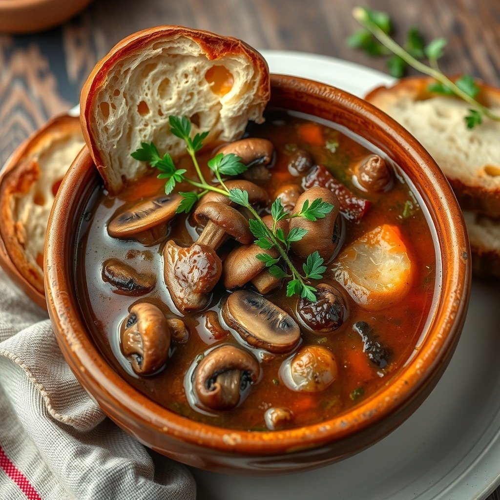 A bowl of wild mushroom soup garnished with parsley, served with slices of bread.