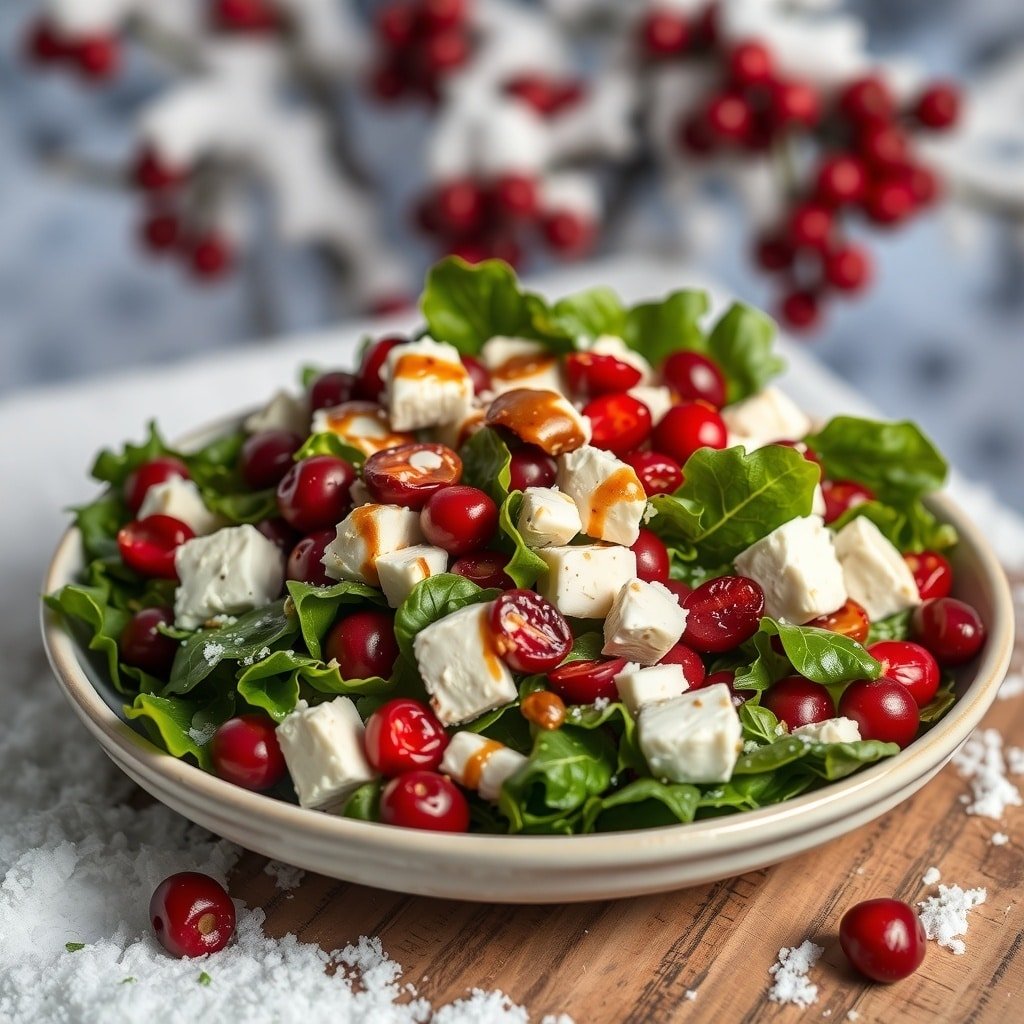 A vibrant winter salad featuring mixed greens, cranberries, and feta cheese. Winter Salad