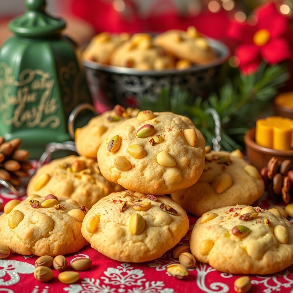 30 Delectable Christmas Cookie Recipes to Try This Holiday Season A festive display of saffron and pistachio cookies on a holiday-themed table.