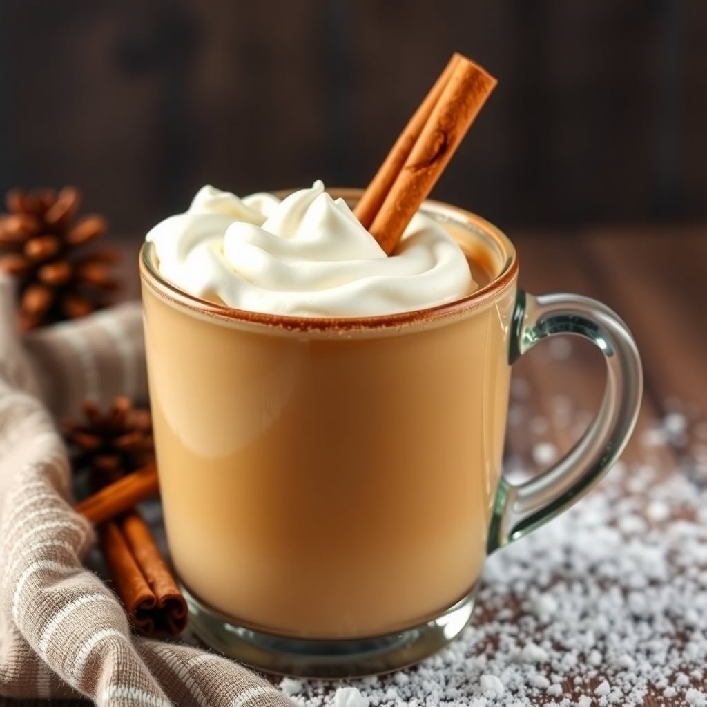 A warm mug of Vanilla Bean Hot Buttered Rum topped with whipped cream and a cinnamon stick.