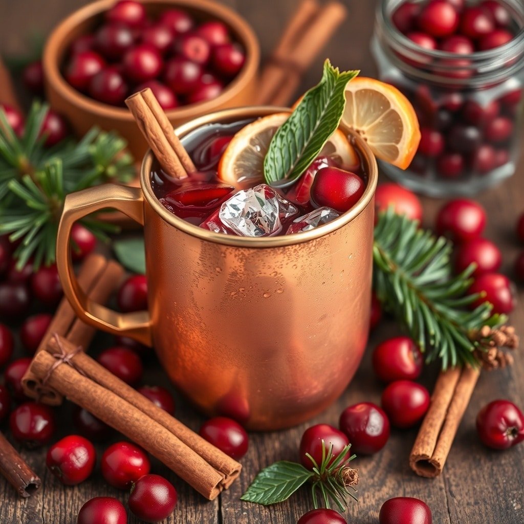 A Spiced Cranberry Mule cocktail in a copper mug, garnished with mint, lemon, and cinnamon, surrounded by fresh cranberries.