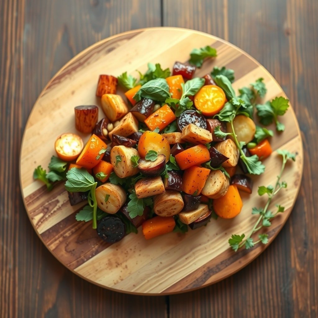 A colorful roasted root vegetable salad with carrots, beets, and parsnips on a wooden platter.